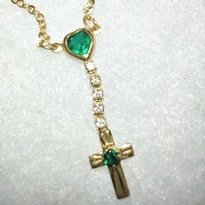 Emerald Green Heart + Connected Dangling Gold Cross Necklace